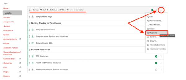 Screenshot of a Carmen course Modules page where the Module options menu is open and duplicate is circled in red.