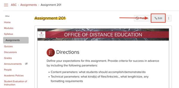 Screenshot of a Carmen course Assignments page edit screen where "Edit" is circled in red.