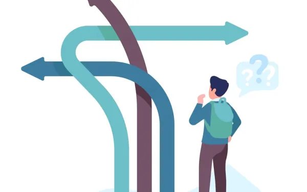 A student looking at three arrows pointing in different directions representing possible pathways