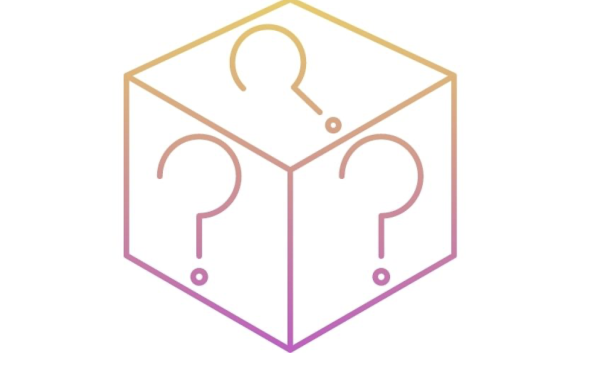 Gradient-colored icon of a three dimensional box with question marks on three visible faces.