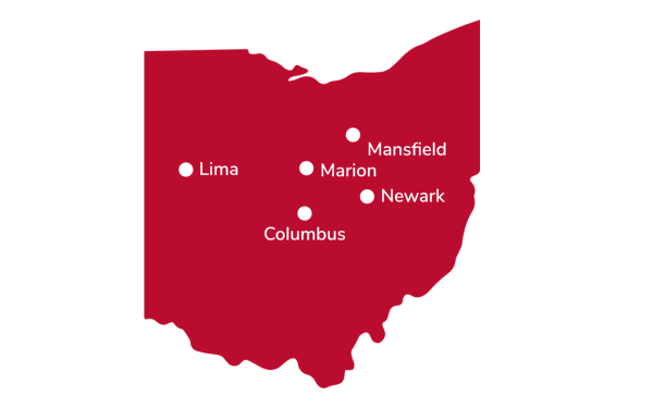 Outline map of ohio with labels for Columbus, Lima, Marion, Mansfield, and Newark campuses