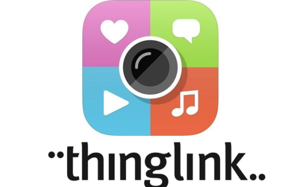 Thinglink Logo: Square with camera lens at center. The square is divided intom 4 quadrants: pink box with white heart symbol, green box with white comment symbol, blue box with white triangle play symbol, and orange box with white music symbol