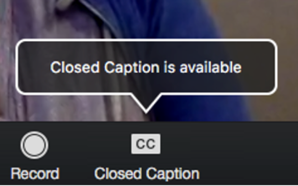 screenshot of a tool tip reading 'closed caption is available' above a button used to enable or disable captions
