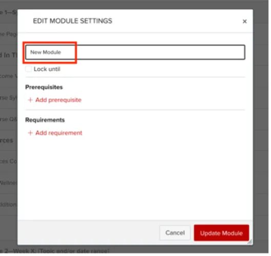Screenshot of a the editing pop-out box showing the renaming of a duplicated Module.