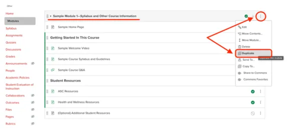 Screenshot of a Carmen course Modules page where the Module options menu is open and duplicate is circled in red.