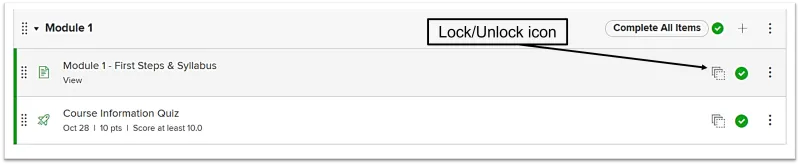 Modules in CarmenCanvas with arrow point to lock/unlock icon on the right of the screen