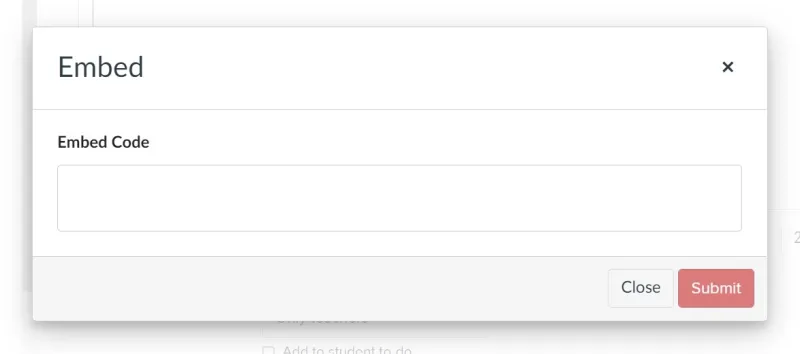 Screenshot of a pop-out box labeled "Embed" with an editor box for pasting an embed code.