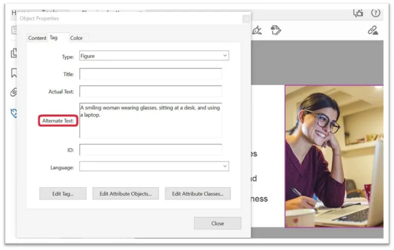 Screenshot of a PDF document with a pop-out box labeled "Object Properties" and showing "Alternative Text" circled in red.
