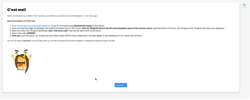 A text block within a ThingLink Scenario showing and image and instructions for downloading a completed avatar.