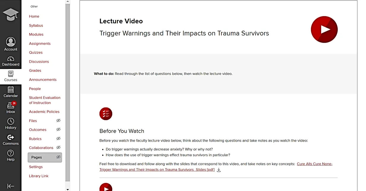 This is a screenshot of a video lecture page with a list of questions that students should consider before watching the video.
