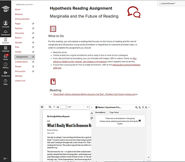 Screenshot of a Hypothesis assignment page in Carmen showing sample instructions and the Hypothesis reading window embedded directly in the page.
