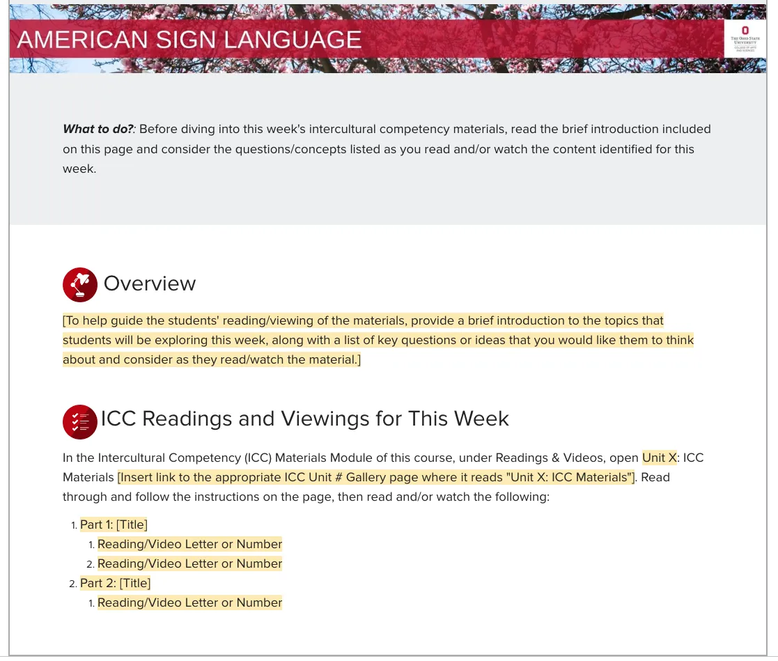 This screen shot shows a view of the ASL ICC template page in Carmen with space for context and instructions to be added. 