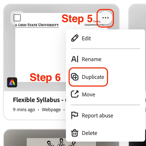 Adobe express item showing the location of the three-dot more options menu and the option to duplicate a shared file.