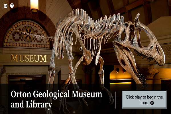 Image of a Cryolophosaurus and "Orton Geological Museum and Library" and a "play" button