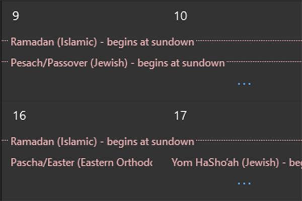 Outlook Calendar with Religious Holidays