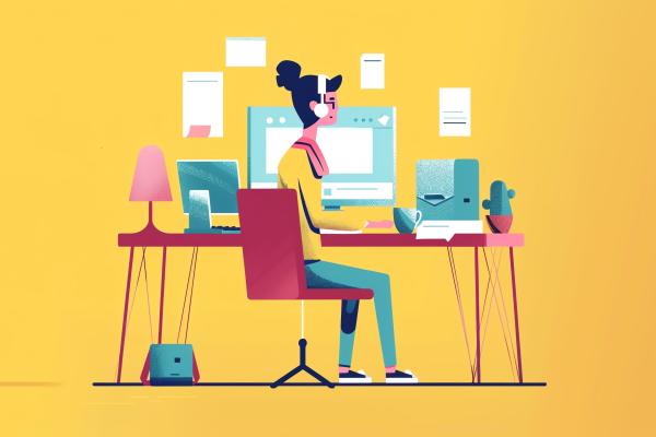 Someone sitting in a chair at a computer desk with a printer and lamp and computer on it.