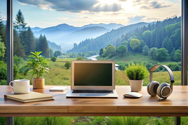 A laptop computer on a desk in front of a window looking out onto a beautiful natural landscape.